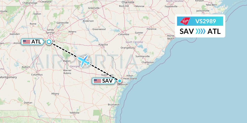 VS2989 Virgin Atlantic Airways Flight Map: Savannah to Atlanta