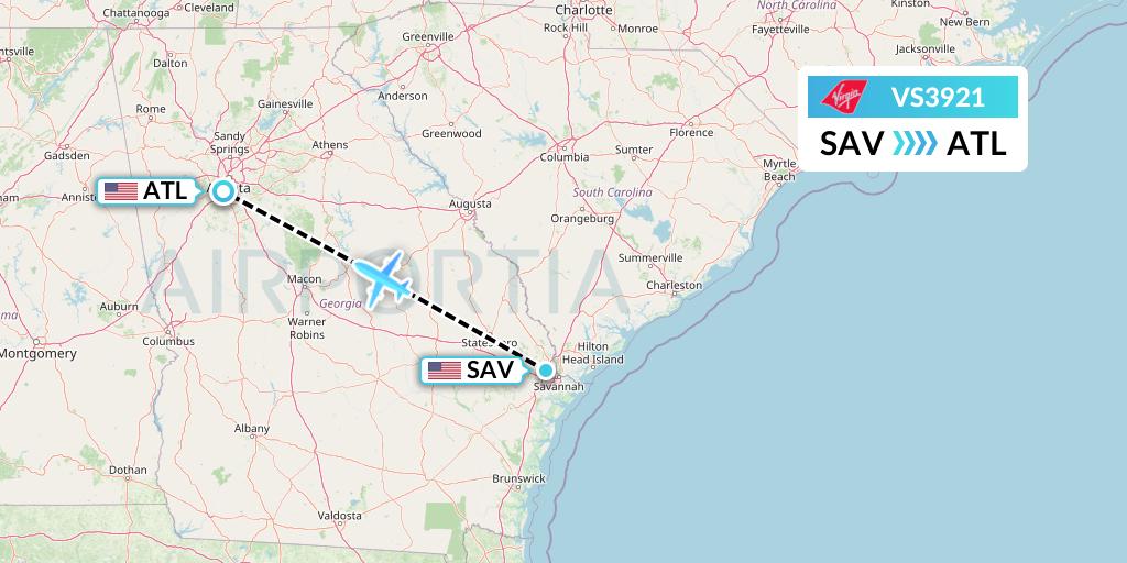VS3921 Virgin Atlantic Airways Flight Map: Savannah to Atlanta