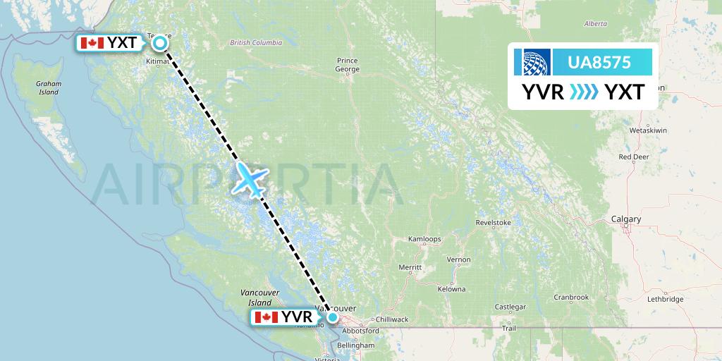 UA8575 United Airlines Flight Map: Vancouver to Terrace