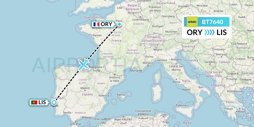 BT7640 Air Baltic Flight Map: Paris to Lisbon