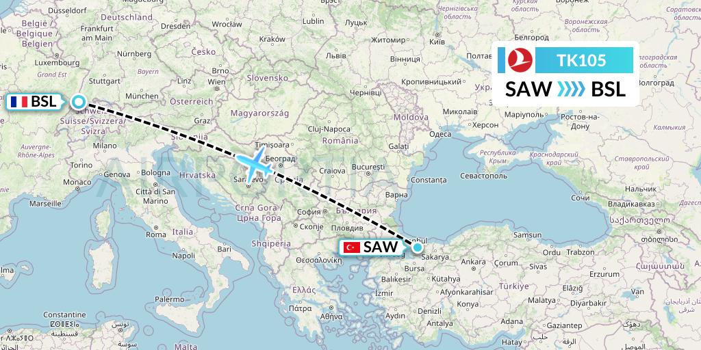 TK105 Turkish Airlines Flight Map: Istanbul to Basel