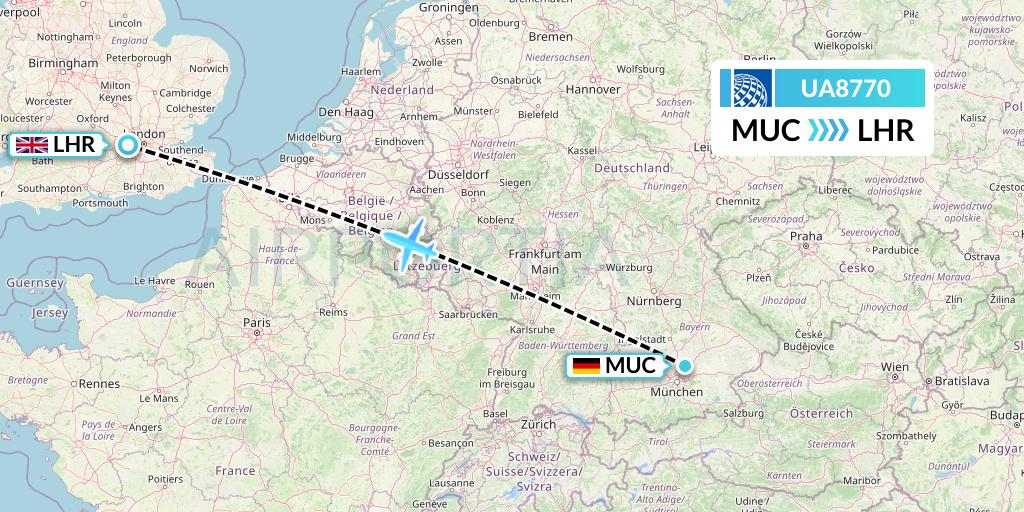 UA8770 United Airlines Flight Map: Munich to London