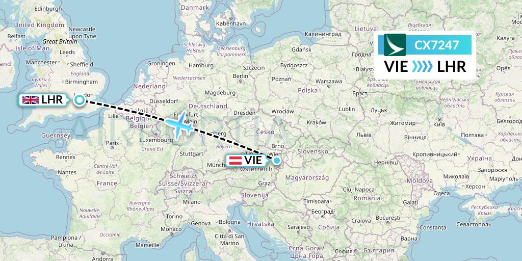 CX7247 Cathay Pacific Flight Map: Vienna to London