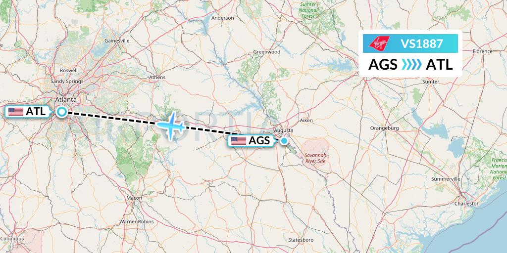 VS1887 Virgin Atlantic Airways Flight Map: Augusta to Atlanta