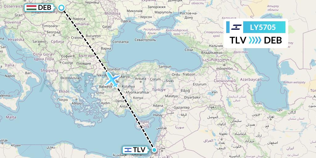 LY5705 El Al Flight Map: Tel Aviv to Debrecen
