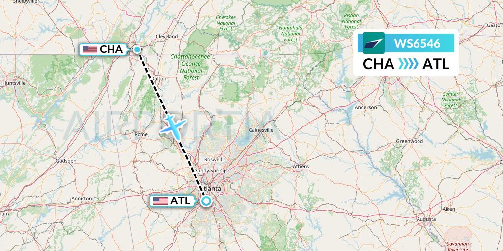WS6546 WestJet Flight Map: Chattanooga to Atlanta