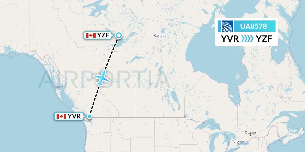 UA8578 United Airlines Flight Map: Vancouver to Yellowknife