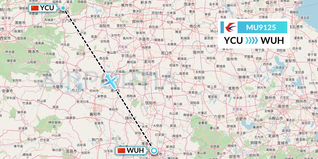 MU9125 China Eastern Airlines Flight Map: Yuncheng to Wuhan