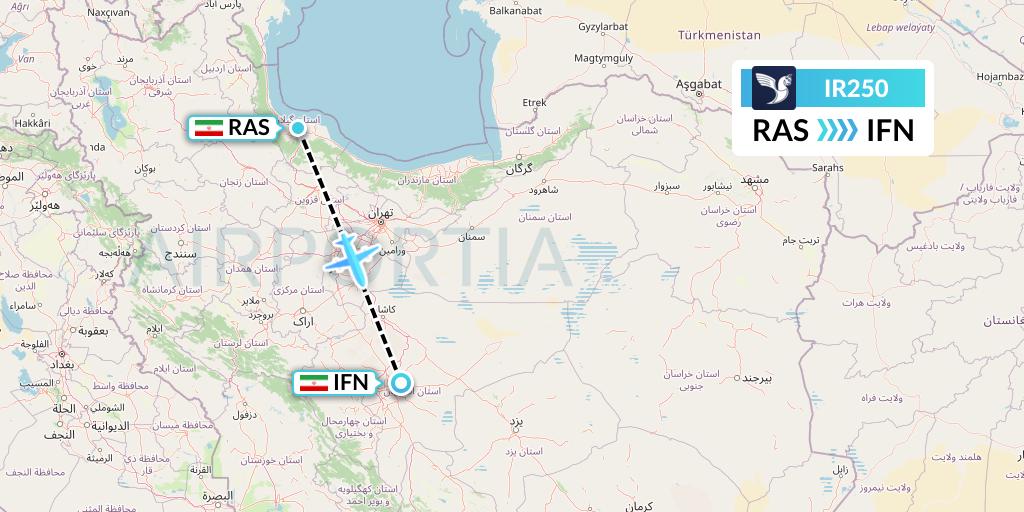 IR250 Iran Air Flight Map: Rasht to Isfahan