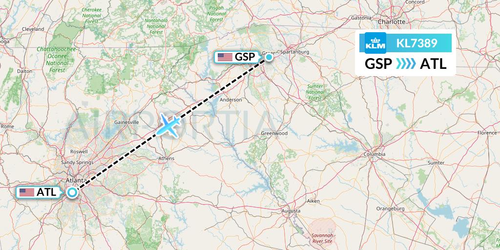 KL7389 KLM Flight Map: Greenville-Spartanburg to Atlanta