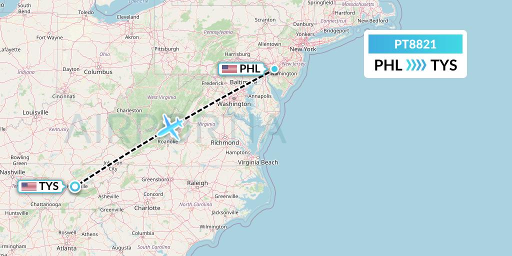 PT8821 Piedmont Airlines Flight Map: Philadelphia to Knoxville