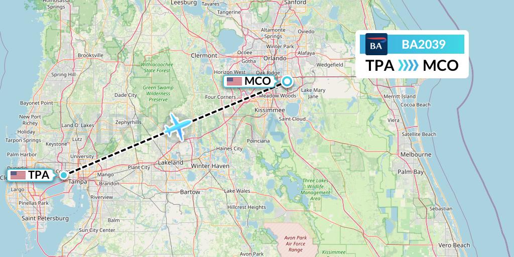BA2039 British Airways Flight Map: Tampa to Orlando