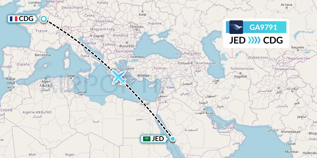 GA9791 Garuda Indonesia Flight Map: Jeddah to Paris
