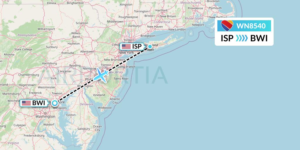 WN8540 Southwest Airlines Flight Map: Islip to Baltimore