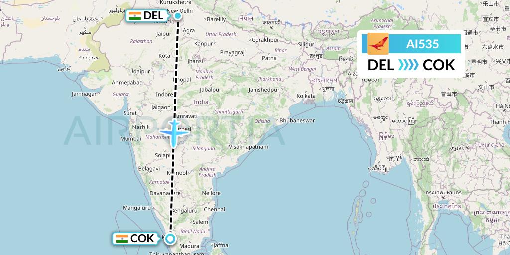 AI535 Air India Flight Map: Delhi to Cochin