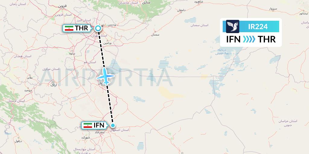 IR224 Iran Air Flight Map: Isfahan to Tehran