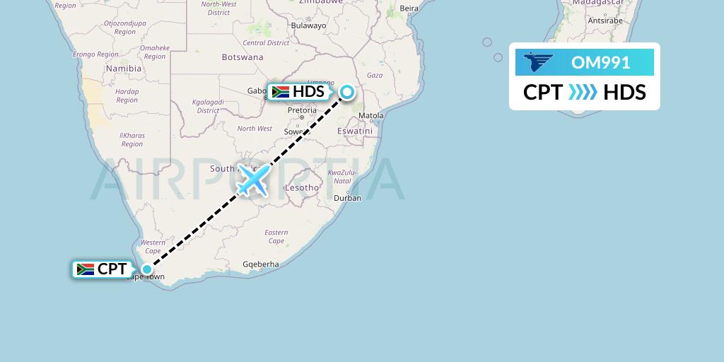 OM991 MIAT Mongolian Airlines Flight Map: Cape Town to Hoedspruit
