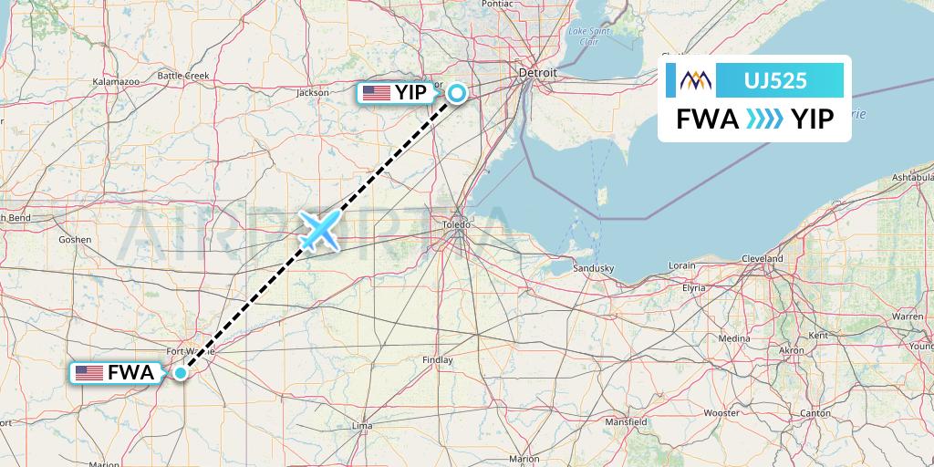UJ525 AlMasria Universal Airlines Flight Map: Fort Wayne to Detroit