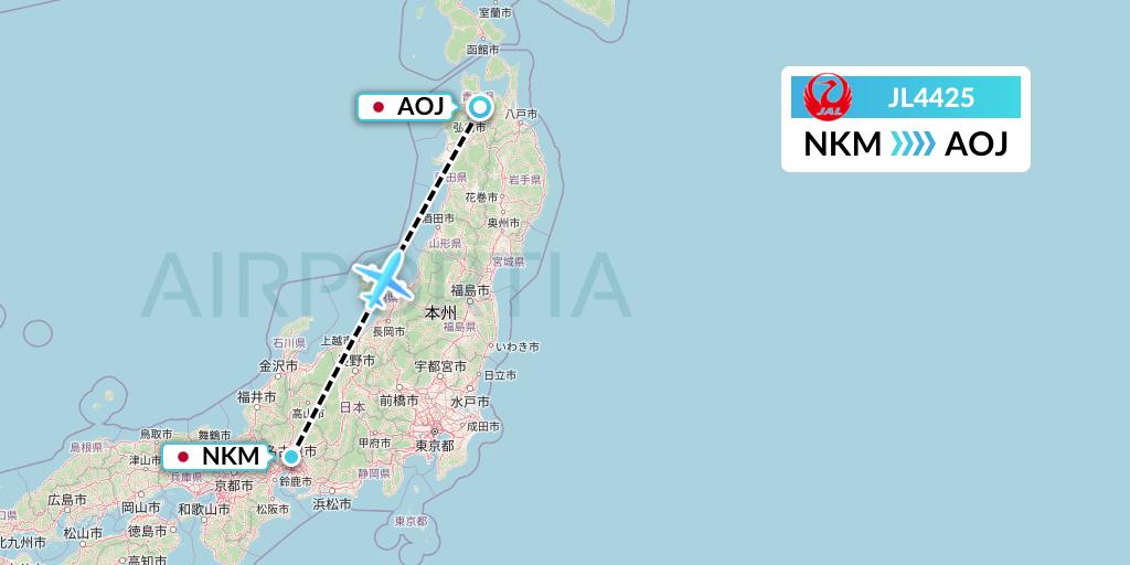 JL4425 Japan Airlines Flight Map: Nagoya to Aomori