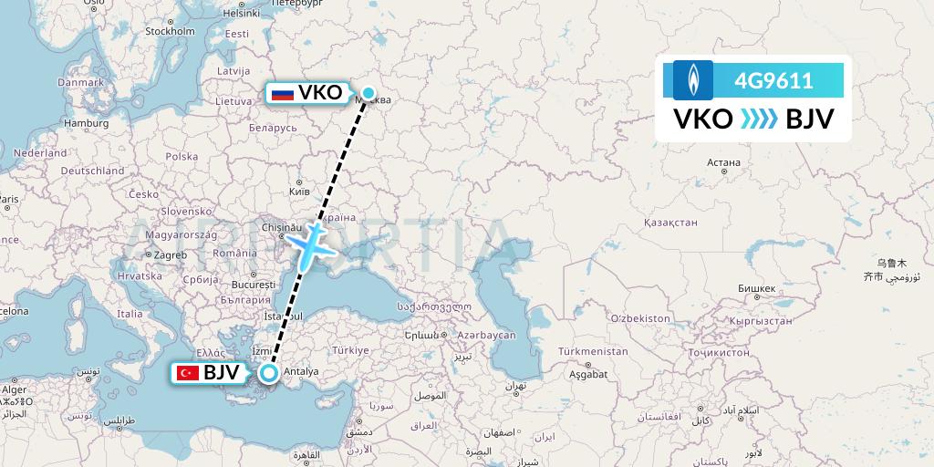4G9611 Gazpromavia Flight Map: Moscow to Bodrum