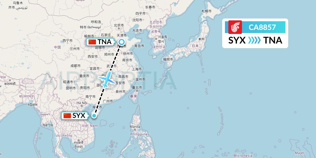 CA8857 Air China Flight Map: Sanya to Jinan