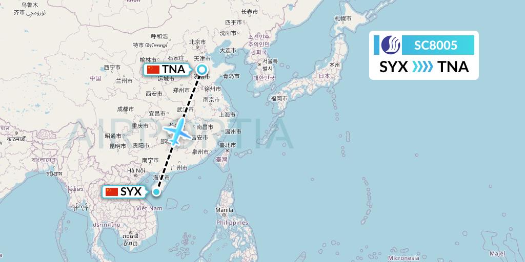 SC8005 Shandong Airlines Flight Map: Sanya to Jinan