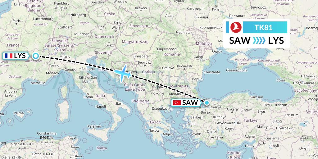 TK81 Turkish Airlines Flight Map: Istanbul to Lyon