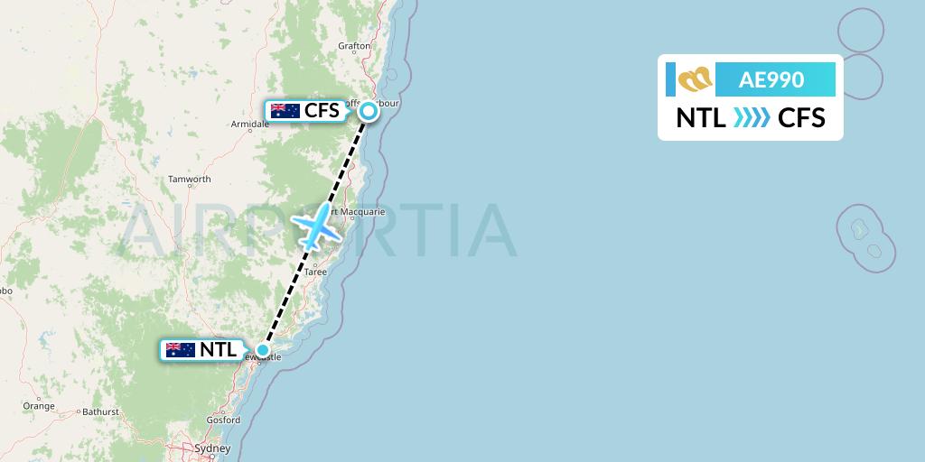 AE990 Mandarin Airlines Flight Map: Newcastle to Coffs Harbour