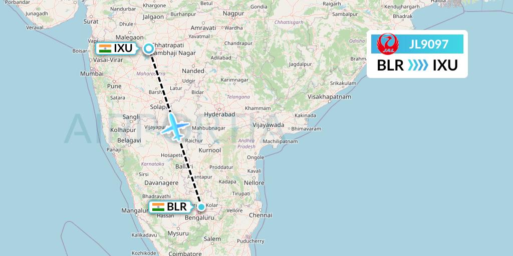 JL9097 Japan Airlines Flight Map: Bangalore to Aurangabad