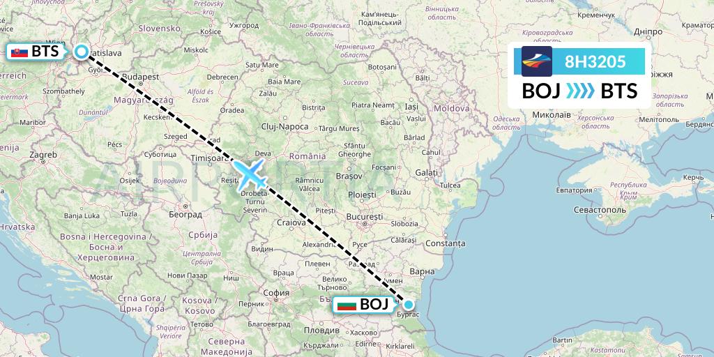 8H3205 BH Air Flight Map: Burgas to Bratislava