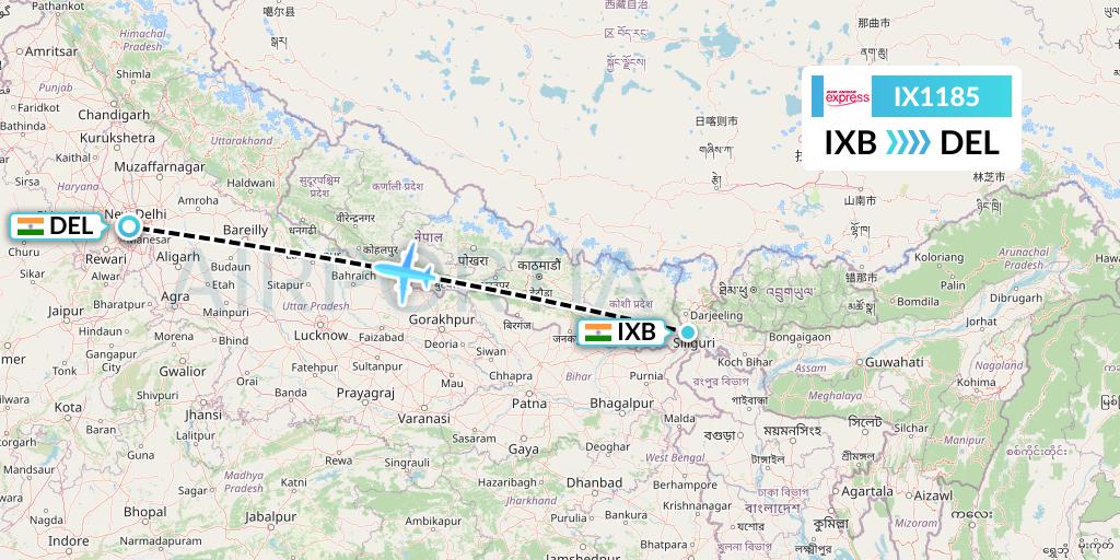 IX1185 Air India Express Flight Map: Siliguri to Delhi