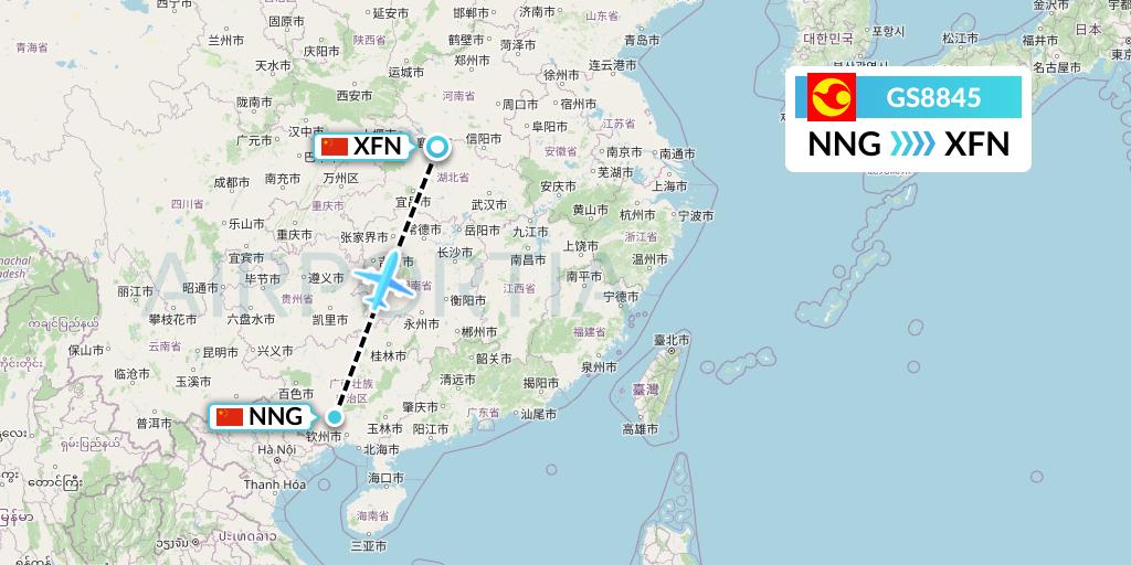 GS8845 Tianjin Airlines Flight Map: Nanning to Xiangyang