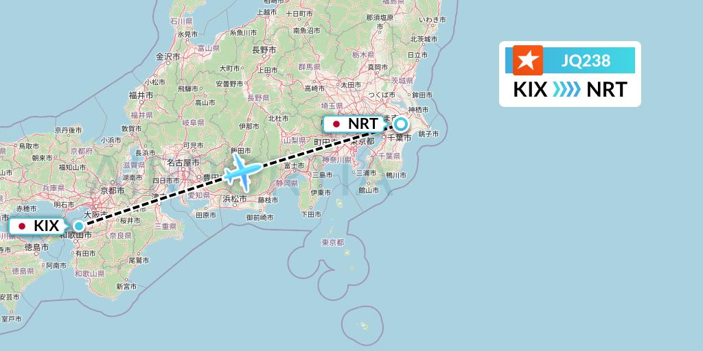 JQ238 Jetstar Airways Flight Map: Osaka to Tokyo