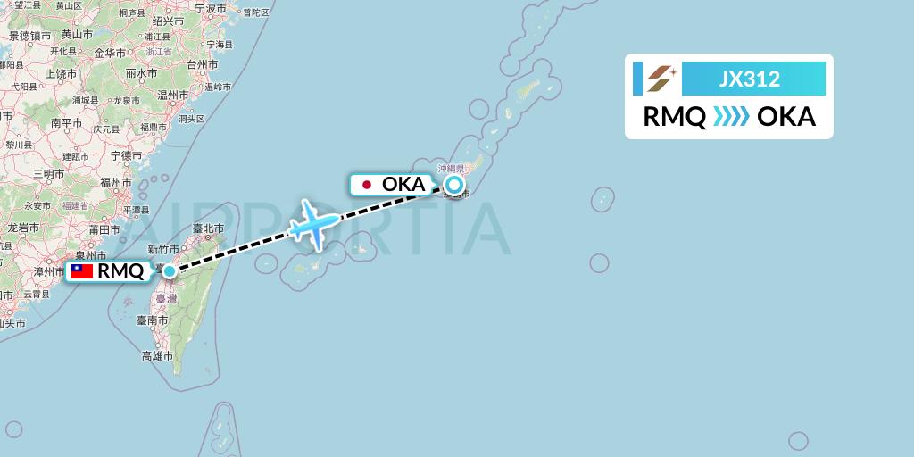 JX312 Starlux Airlines Flight Map: Taichung to Naha