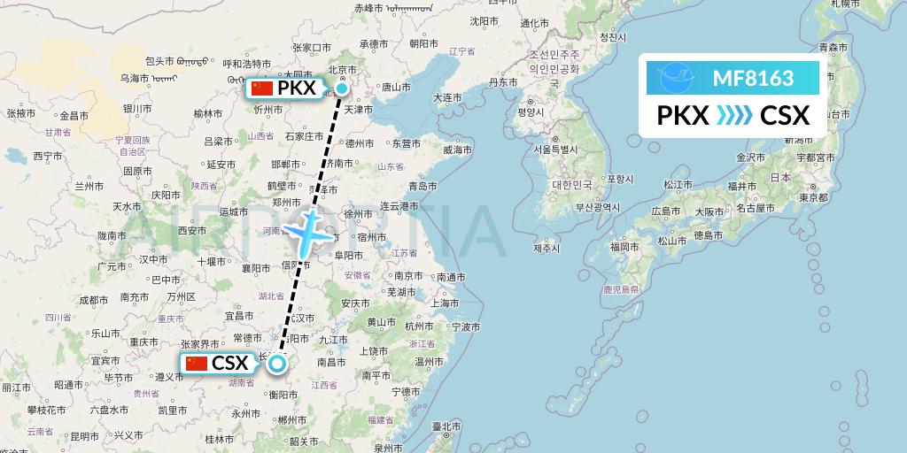 MF8163 Xiamen Airlines Flight Map: Beijing to Changsha
