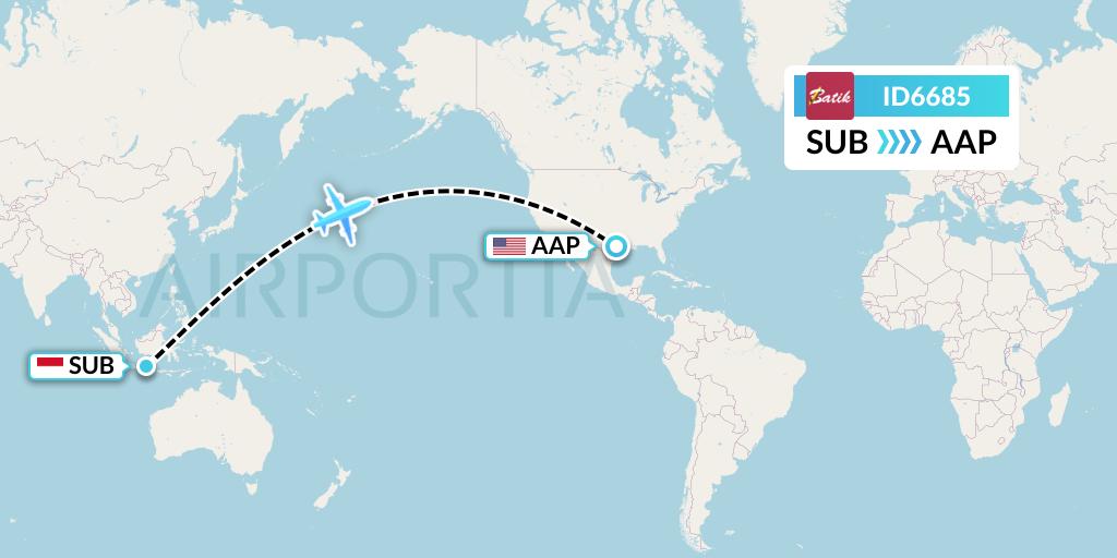 ID6685 Batik Air Flight Map: Surabaya to Houston