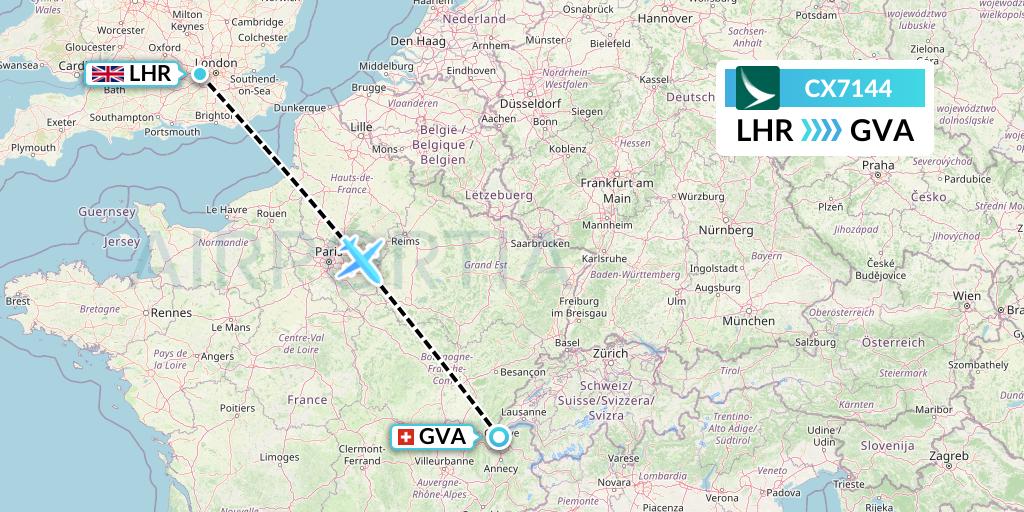 CX7144 Cathay Pacific Flight Map: London to Geneva