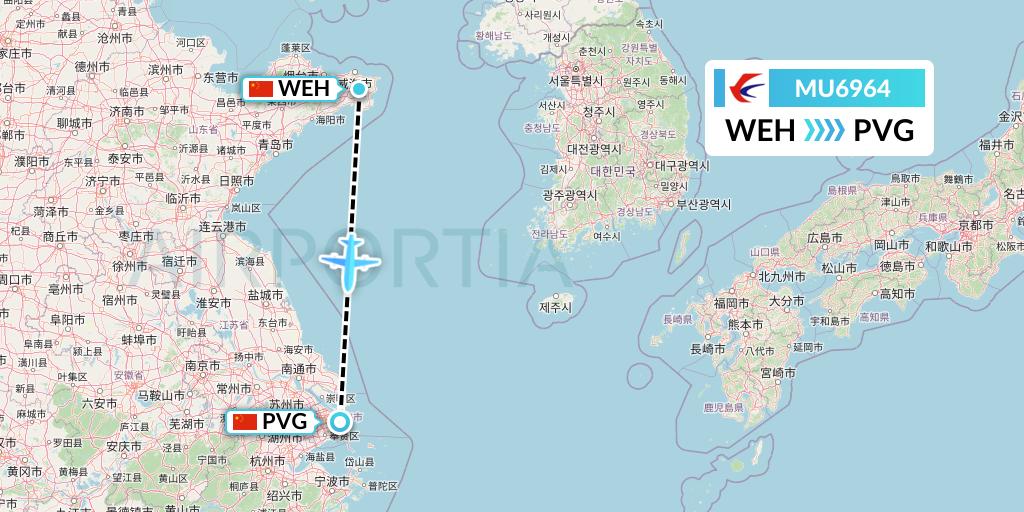 MU6964 China Eastern Airlines Flight Map: Weihai to Shanghai