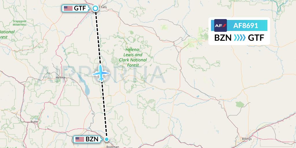 AF8691 Air France Flight Map: Bozeman to Great Falls