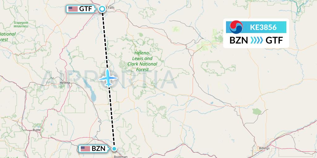 KE3856 Korean Air Flight Map: Bozeman to Great Falls