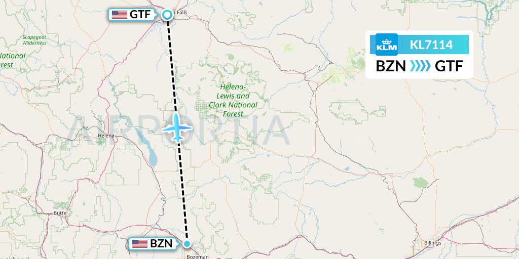 KL7114 KLM Flight Map: Bozeman to Great Falls