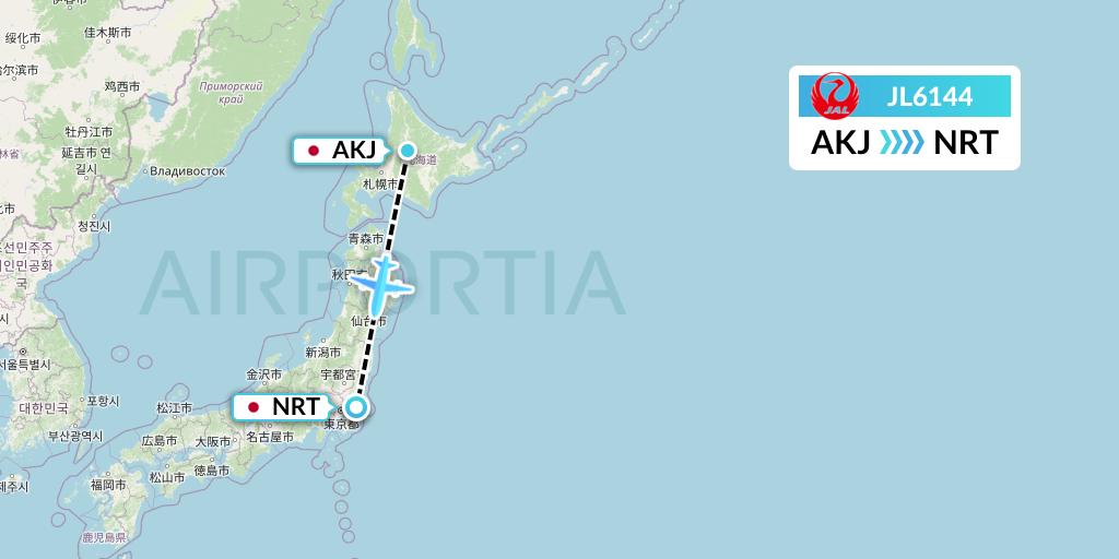 JL6144 Japan Airlines Flight Map: Asahikawa to Tokyo