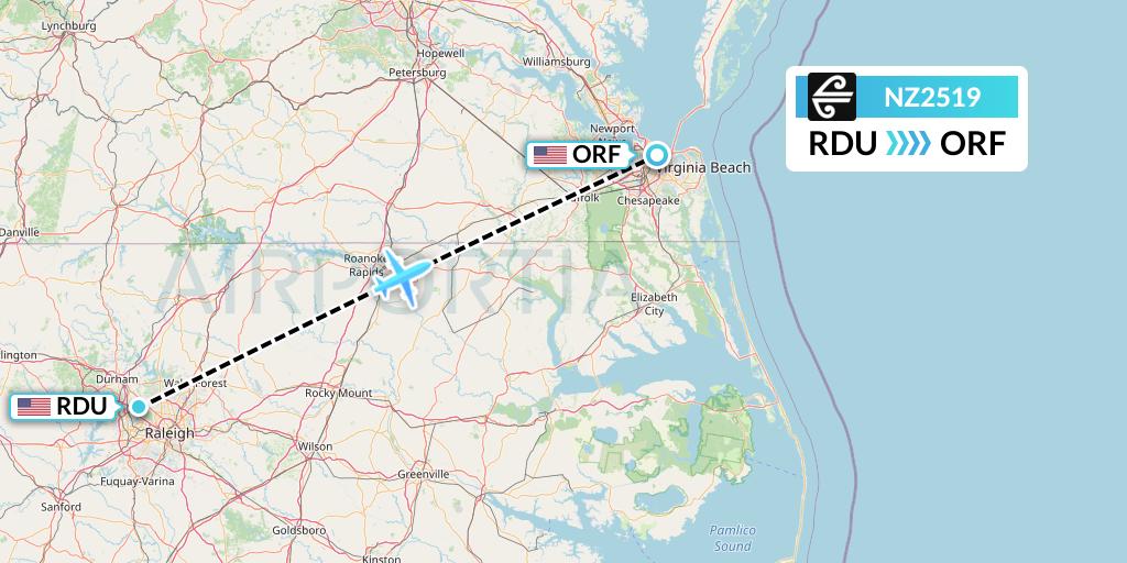 NZ2519 Air New Zealand Flight Map: Raleigh-Durham to Norfolk