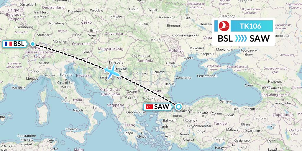 TK106 Turkish Airlines Flight Map: Basel to Istanbul