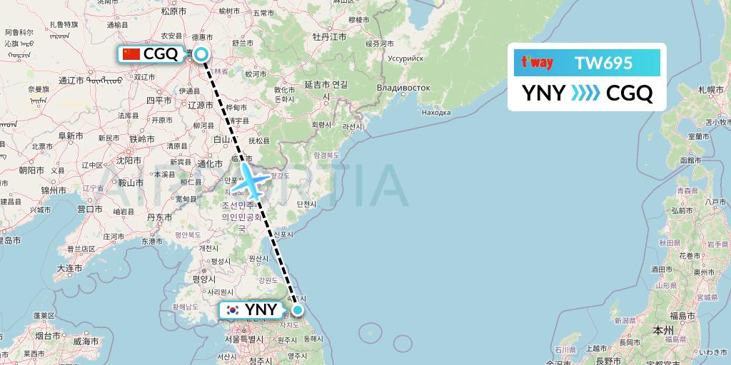 TW695 T'way Air Flight Map: Yangyang to Changchun