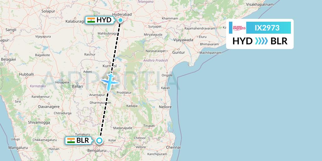 IX2973 Air India Express Flight Map: Hyderabad to Bangalore