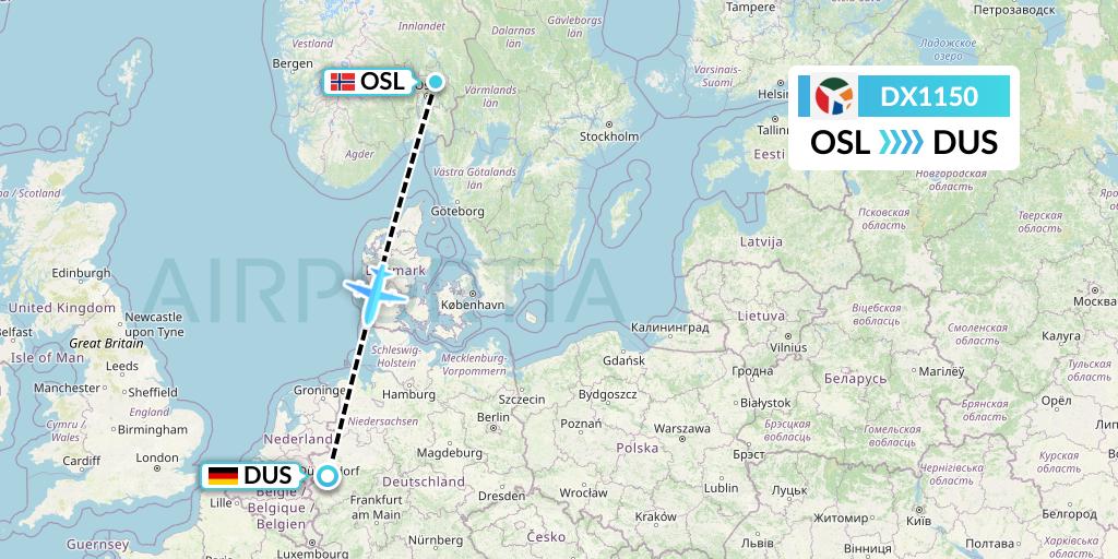 DX1150 Danish Air Transport Flight Map: Oslo to Dusseldorf