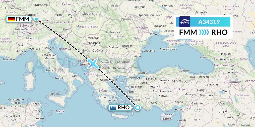 A34319 Aegean Airlines Flight Map: Memmingen to Rhodes