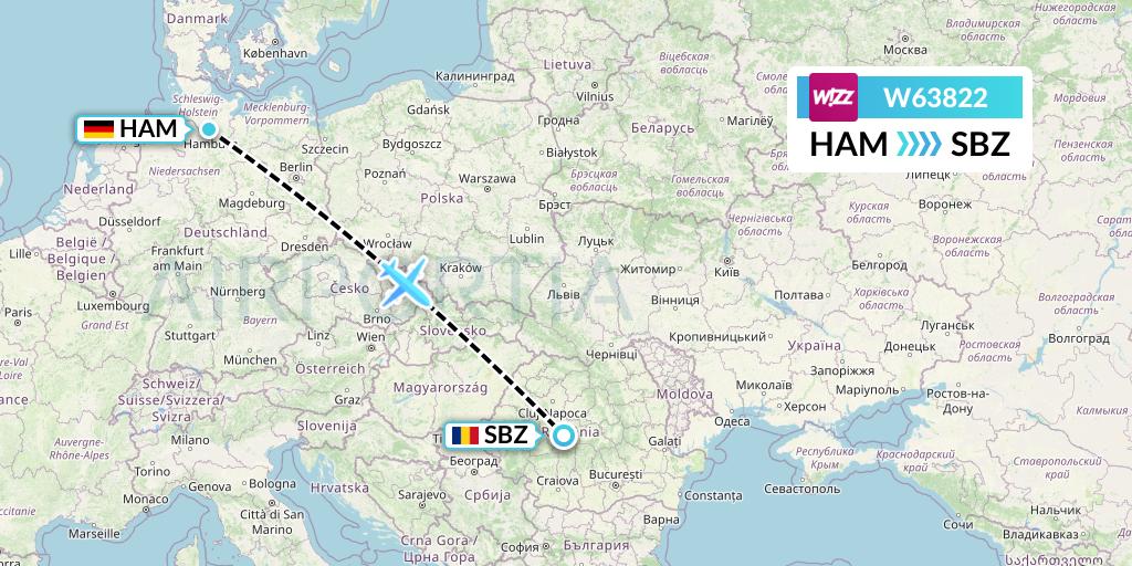 W63822 Wizz Air Flight Map: Hamburg to Sibiu