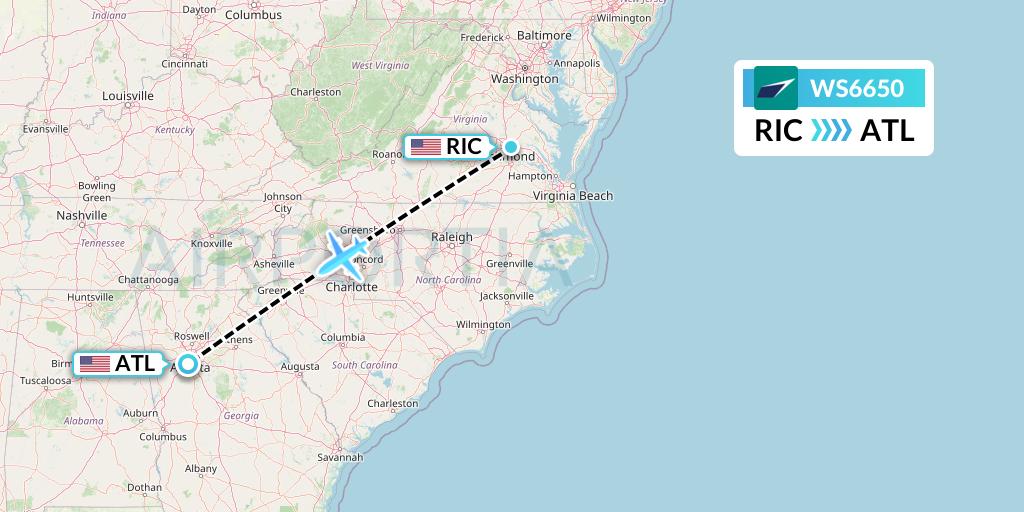 WS6650 WestJet Flight Map: Richmond to Atlanta